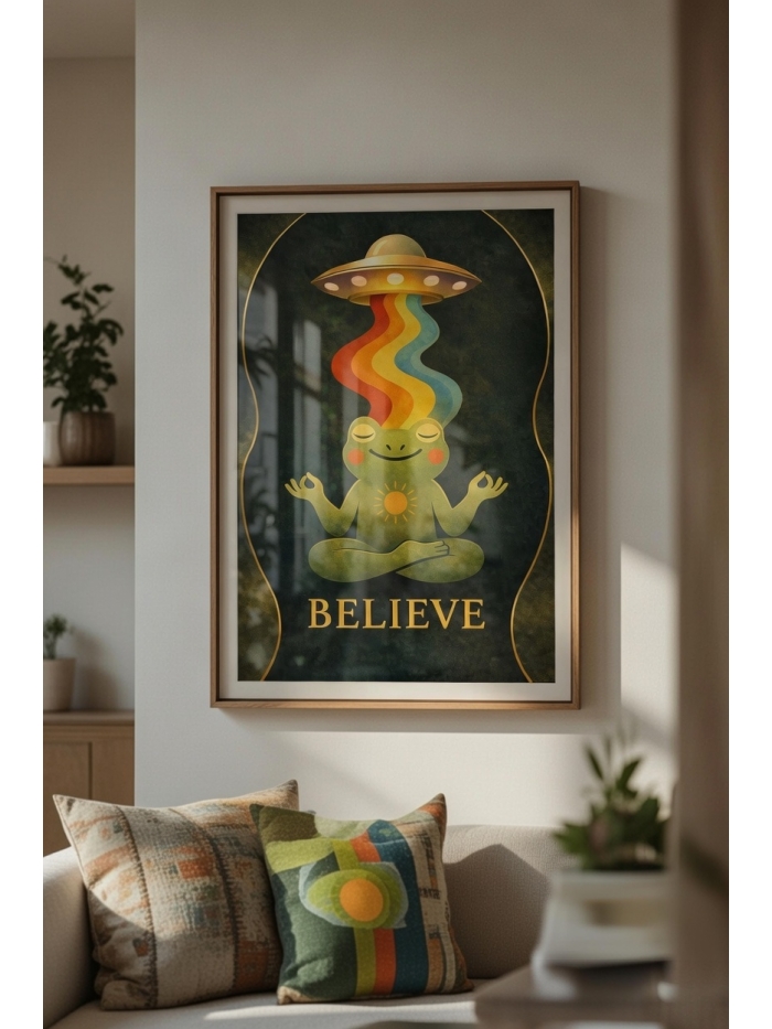 Meditating Frog UFO Art Print – Whimsical Cosmic Illustration