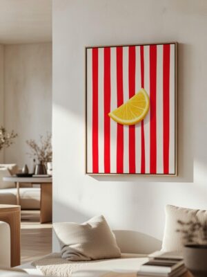 Minimal Lemon Slice Pop Art Wall Print – Red Stripe Modern Kitchen Artwork