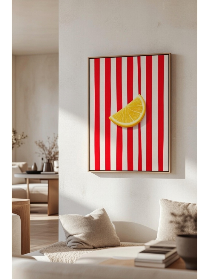 Minimal Lemon Slice Pop Art Wall Print – Red Stripe Modern Kitchen Artwork