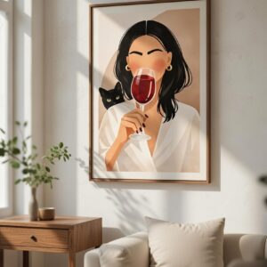 Wine & Whiskers – Elegant Woman With Cat Art Print