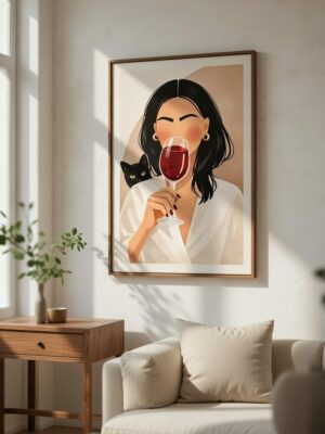Wine & Whiskers – Elegant Woman With Cat Art Print
