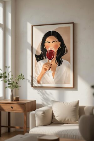 Wine & Whiskers – Elegant Woman With Cat Art Print