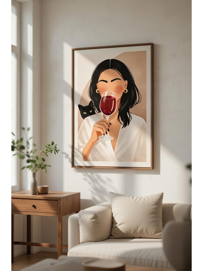Wine & Whiskers – Elegant Woman With Cat Art Print