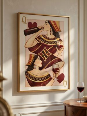 Queen of Indulgence Playing Card Art Print – Vintage Wine Illustration