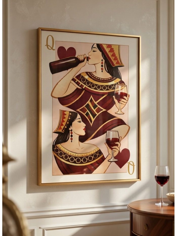 Queen of Indulgence Playing Card Art Print – Vintage Wine Illustration