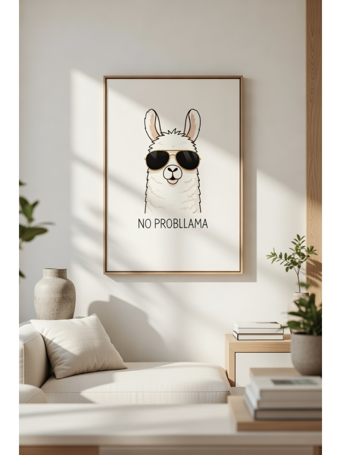 No Probllama Funny Llama Wall Art Print – Minimal Humor Illustration