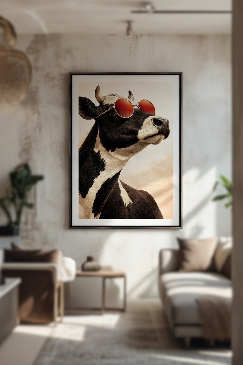 Cool Cow Wall Art Print – Stylish Animal Portrait with Sunglasses