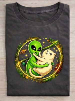 Cute Alien & Black Cat – Cosmic Lover Gift Unisex T-Shirt (100% Cotton) – Premium Graphic Tee