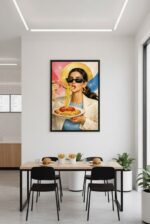 Luxury Pop Art Woman Wall Art Print – Fashion Woman Eating Pasta, Glamorous Surreal Illustration, Modern Statement Home Decor