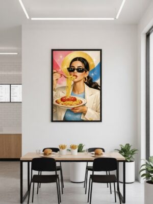 Luxury Pop Art Woman Wall Art Print – Fashion Woman Eating Pasta, Glamorous Surreal Illustration, Modern Statement Home Decor