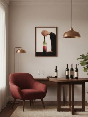 Minimalist Conceptual Wall Art Print – Human Figure Drinking Wine Bottle, Surreal Modern Illustration, Dark Statement Home Decor