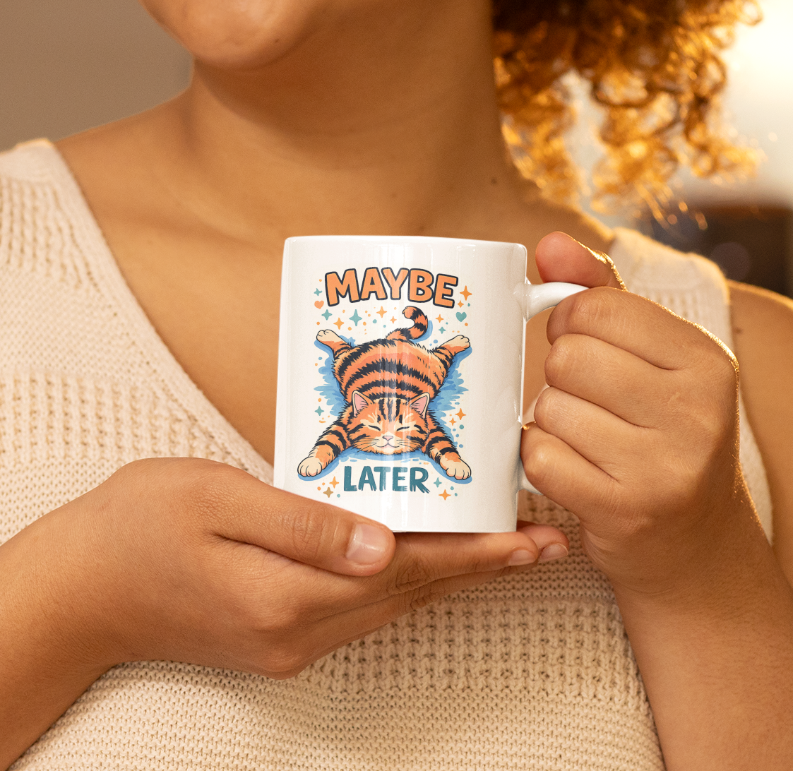 Maybe Later Lazy Cat Mug – Funny Procrastination Coffee Cup