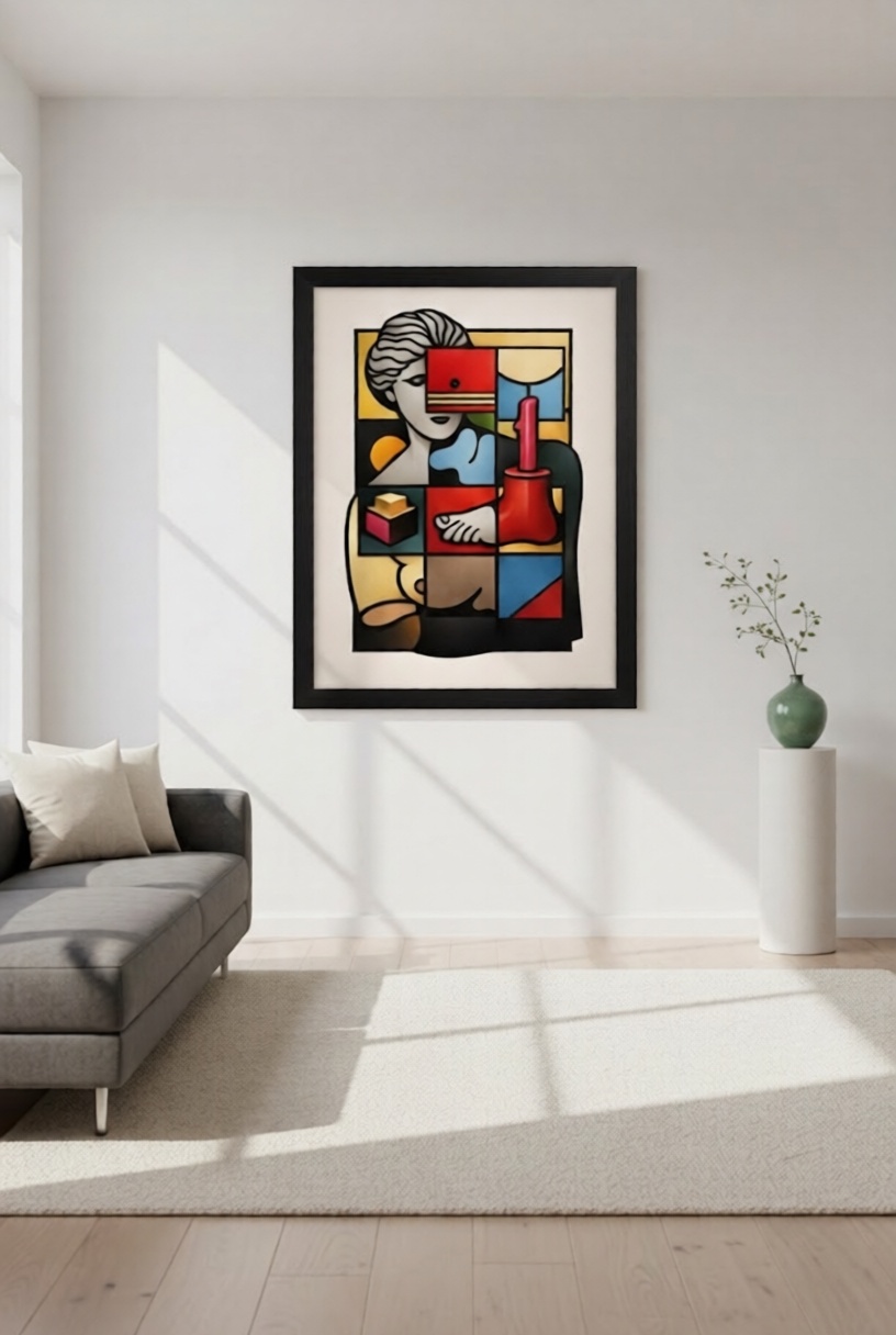 Modern Cubist Woman Wall Art Print – Abstract Geometric Portrait, Bold Color Block Illustration, Contemporary Statement Decor