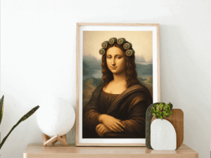 Mona Lisa with Curlers Wall Art Print – Classic Art Parody Illustration