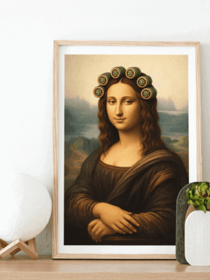 Mona Lisa with Curlers Wall Art Print – Classic Art Parody Illustration