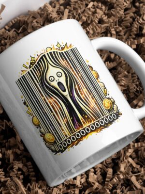Screaming Barcode Horror Mug – Surreal Art Statement Cup