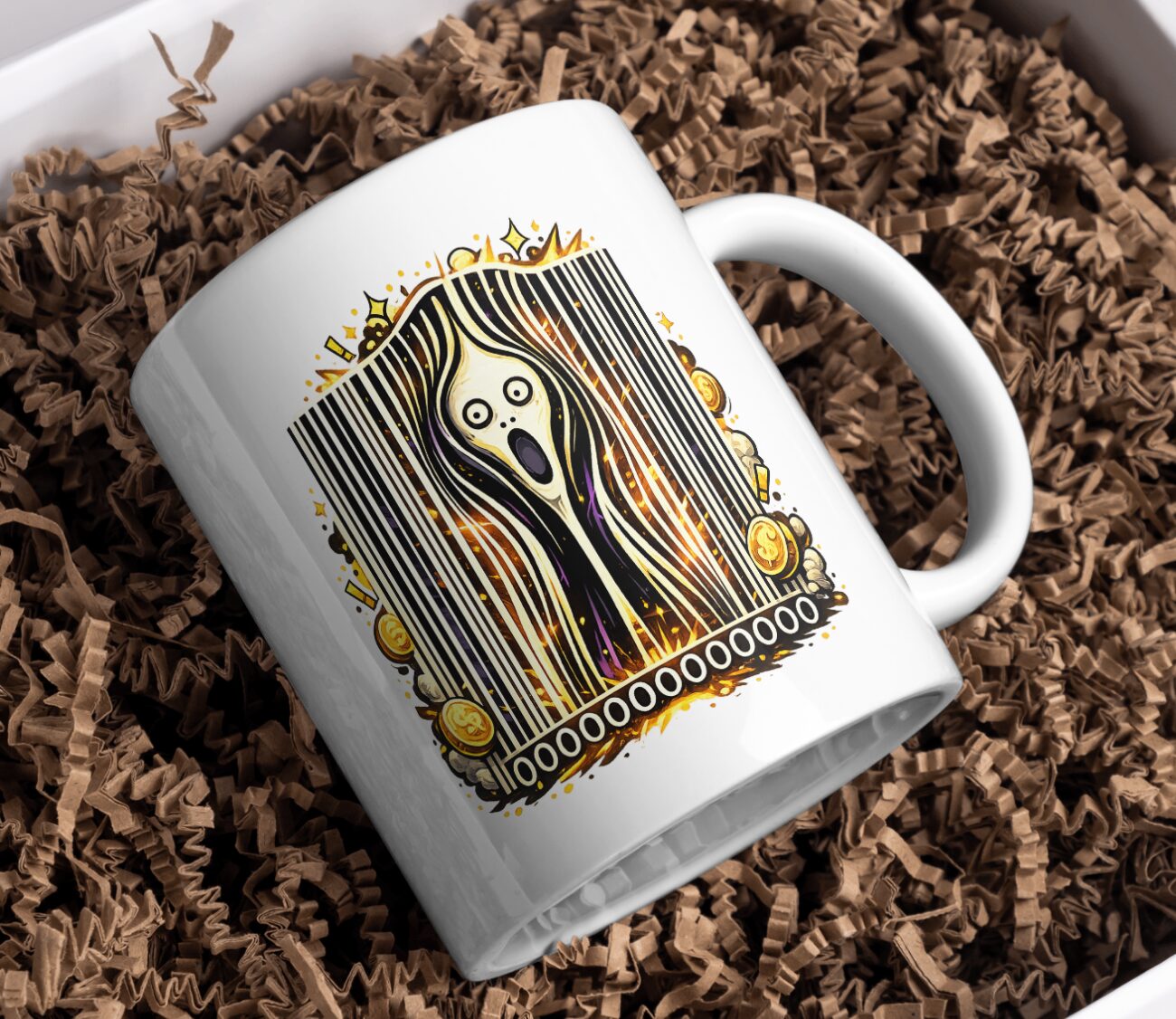 Screaming Barcode Horror Mug – Surreal Art Statement Cup