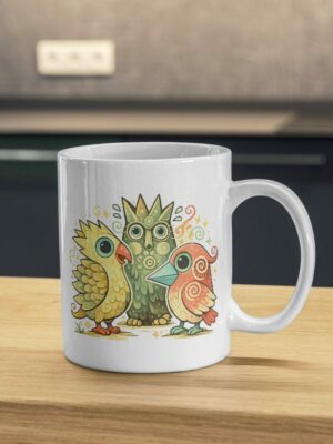Colorful Trio Birds – Whimsical Owl Mug