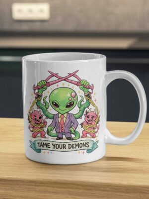 Tame Your Demons Mug – Motivational Alien Design