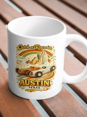 Catch a Race in Austin Texas Mug – Retro Racing Coffee Cup