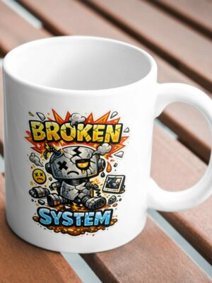 Broken System Mug – Funny Robot Chaos Coffee Cup