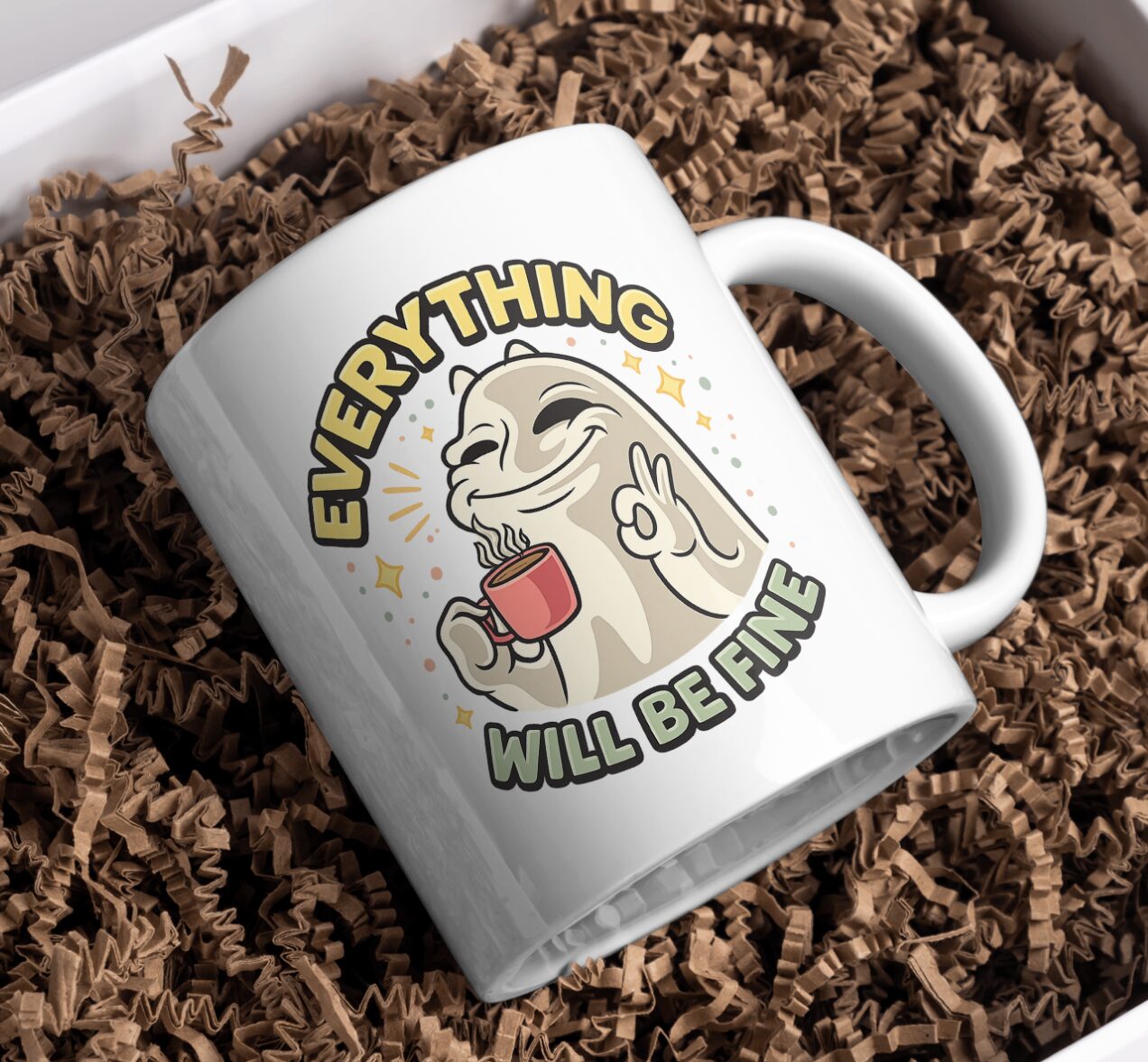 Everything Will Be Fine Mug – Cute Ghost Comfort Coffee Cup