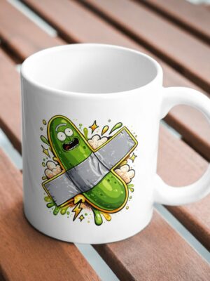 Cartoon Pickle Capsule Mug – Funny Green Character Design