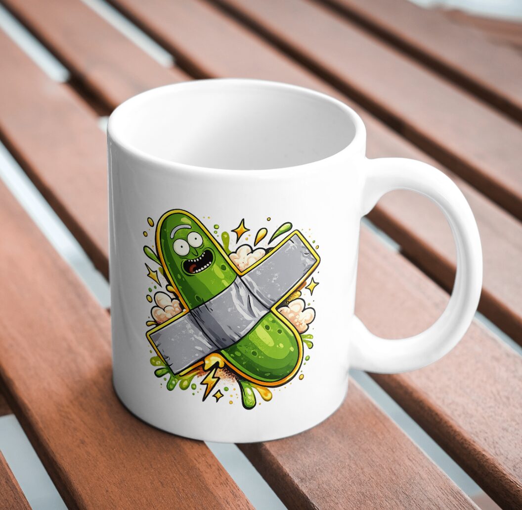 Cartoon Pickle Capsule Mug – Funny Green Character Design