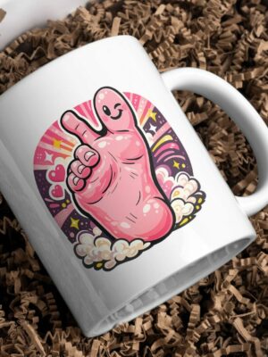Pink Peace Finger Mug – Playful Hand Illustration Design