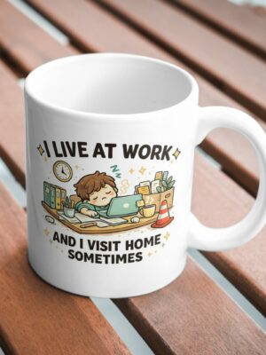 I Live at Work Mug – Overworked Desk Humor Design
