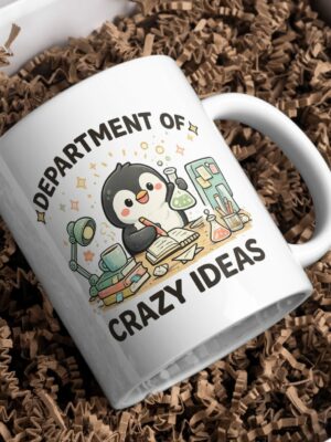 Department of Crazy Ideas Mug – Cute Penguin Scientist Desk Design