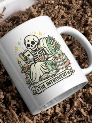 The Introvert Mug – Skeleton Reading Cozy Dark Academia Coffee Cup