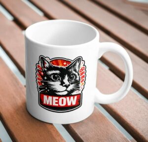MEOW Cat Mug – Bold Black & Red Graphic Coffee Mug for Cat Lovers