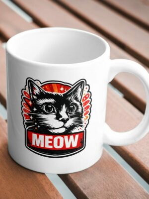 MEOW Cat Mug – Bold Black & Red Graphic Coffee Mug for Cat Lovers