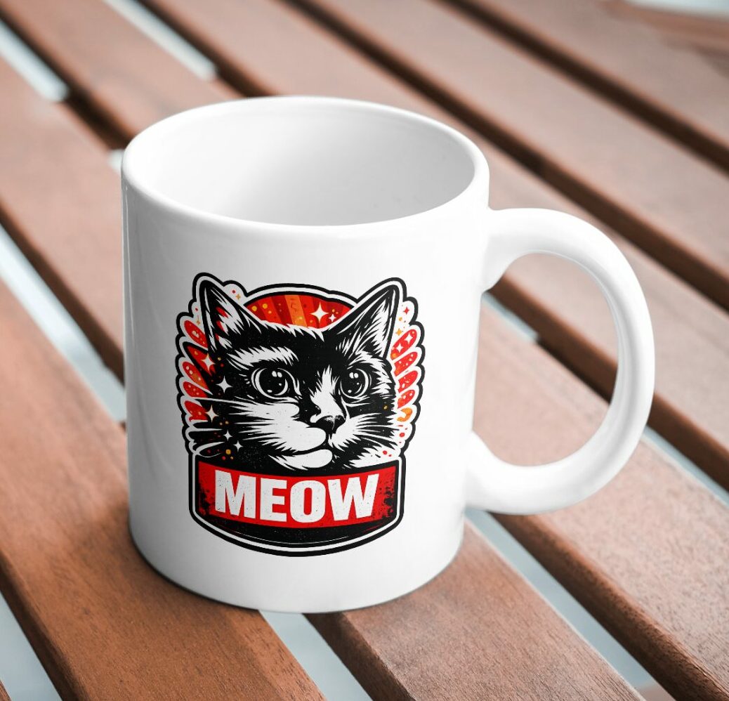 MEOW Cat Mug – Bold Black & Red Graphic Coffee Mug for Cat Lovers
