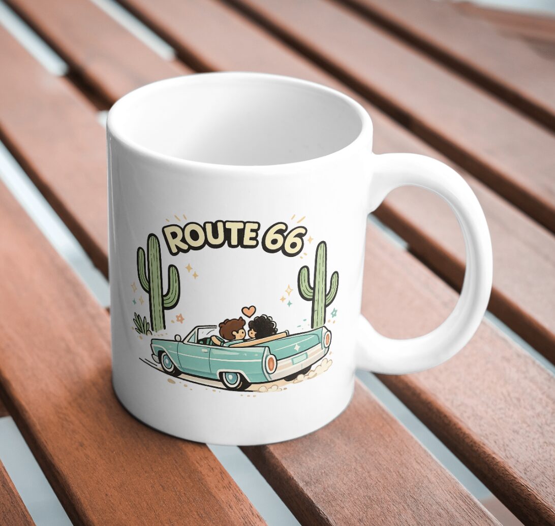 Route 66 Road Trip Mug – Retro Convertible Desert Adventure Design