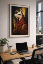 Mystical Llama Wall Art Print – Sacred Animal Portrait with Golden Halo, Dark Fantasy Surreal Illustration, Dramatic Statement Decor