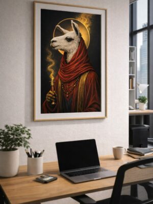 Mystical Llama Wall Art Print – Sacred Animal Portrait with Golden Halo, Dark Fantasy Surreal Illustration, Dramatic Statement Decor