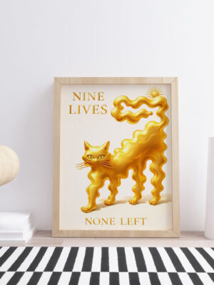 Nine Lives None Left Wall Art Print – Golden Cat Surreal Illustration