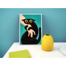 Wide-Eyed Black Cat Wall Art Print – Whimsical Animal Illustration, Surreal Pet Art