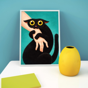 Wide-Eyed Black Cat Wall Art Print – Whimsical Animal Illustration, Surreal Pet Art