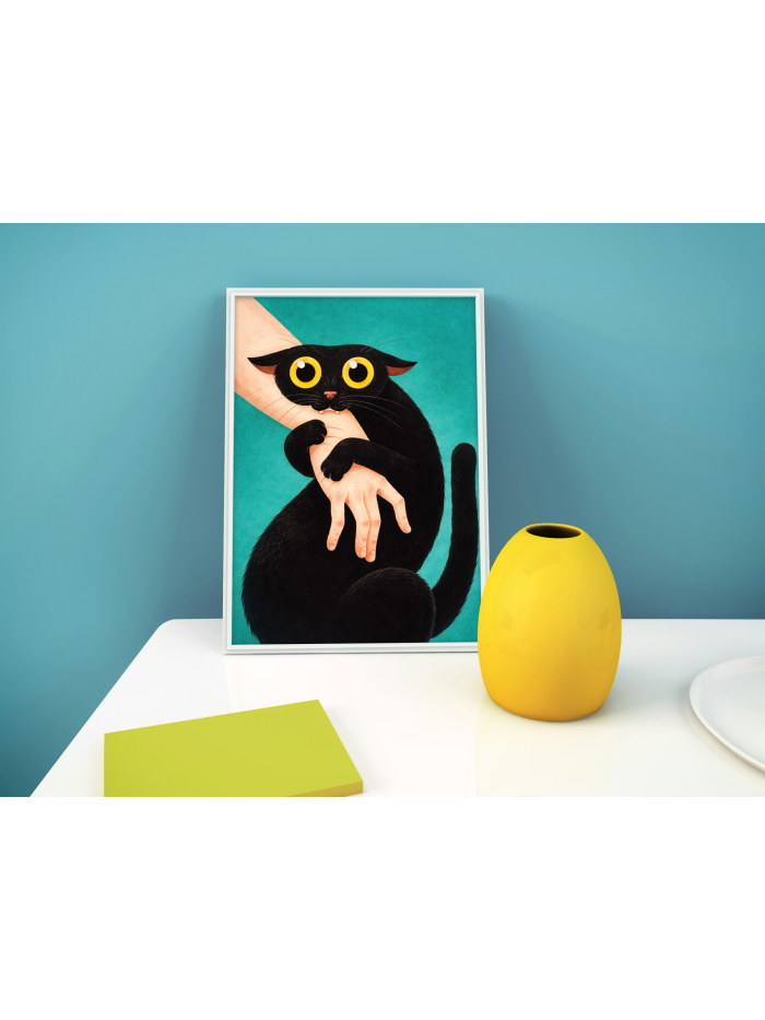 Wide-Eyed Black Cat Wall Art Print – Whimsical Animal Illustration, Surreal Pet Art