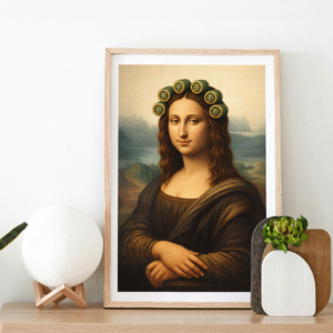 Mona Lisa with Curlers Wall Art Print – Classic Art Parody Illustration