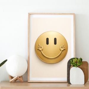 Minimalist Gold Smiley Wall Art Print – Modern Positive Energy Artwork for Stylish Interiors