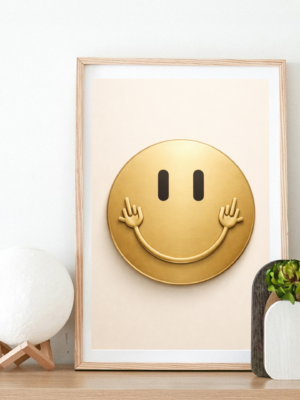 Minimalist Gold Smiley Wall Art Print – Modern Positive Energy Artwork for Stylish Interiors