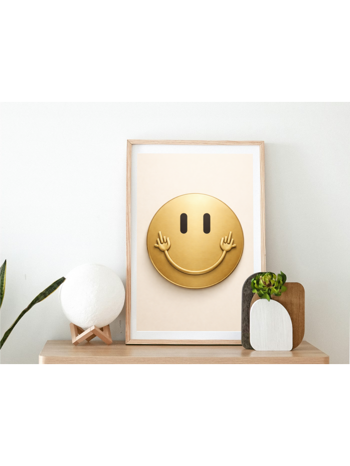 Minimalist Gold Smiley Wall Art Print – Modern Positive Energy Artwork for Stylish Interiors