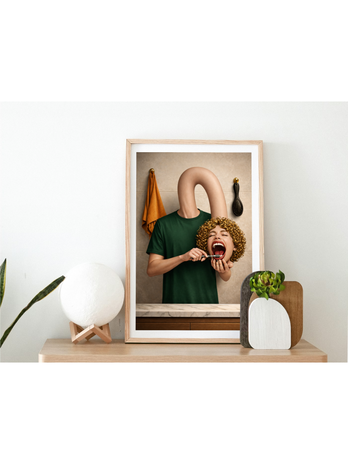 Surreal Morning Routine Wall Art Print – Absurd Conceptual Bathroom Illustration