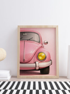 Pink Vintage Car Wall Art Print – Retro Automotive Illustration