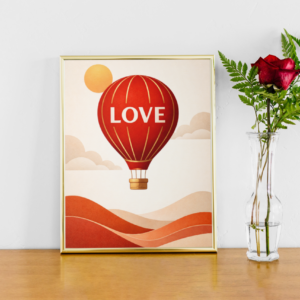 Love Hot Air Balloon Wall Art Print – Romantic Minimal Illustration with Warm Vintage Tones