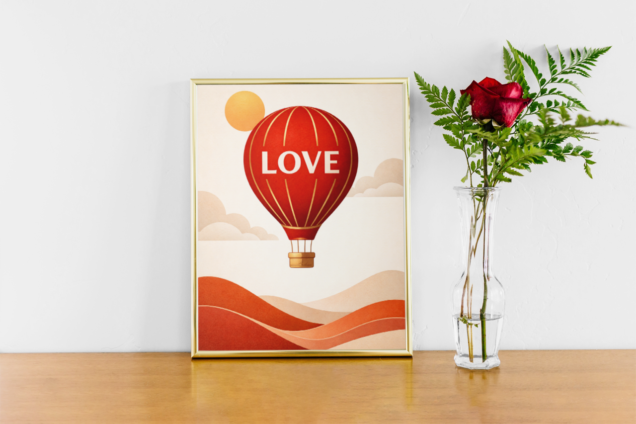 Love Hot Air Balloon Wall Art Print – Romantic Minimal Illustration with Warm Vintage Tones